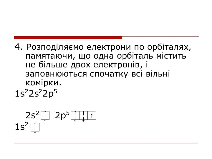 4. Розподіляємо електрони по орбіталях, памятаючи, що одна орбіталь містить не