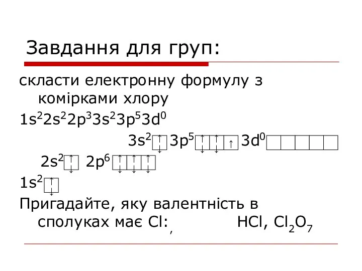 Завдання для груп: скласти електронну формулу з комірками хлору 1s22s22p33s23p53d0 3s2