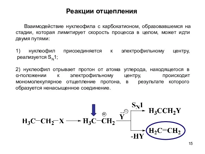 Реакции отщепления Взаимодействие нуклеофила с карбокатионом, образовавшемся на стадии, которая лимитирует