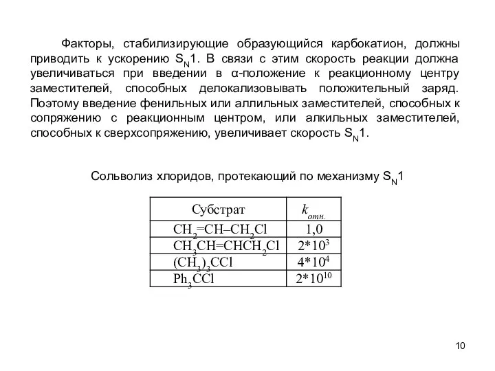 Факторы, стабилизирующие образующийся карбокатион, должны приводить к ускорению SN1. В связи