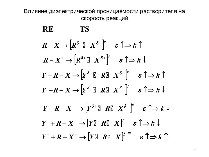 RE TS Влияние диэлектрической проницаемости растворителя на скорость реакций