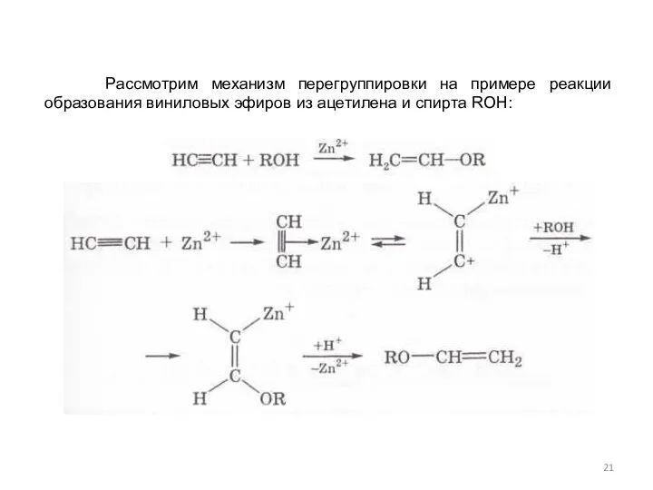 Рассмотрим механизм перегруппировки на примере реакции образования виниловых эфиров из ацетилена и спирта ROH: