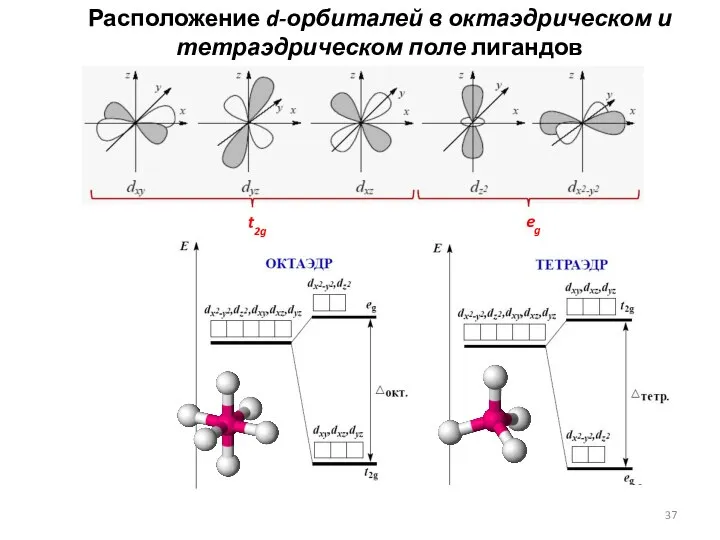 Расположение d-орбиталей в октаэдрическом и тетраэдрическом поле лигандов t2g eg