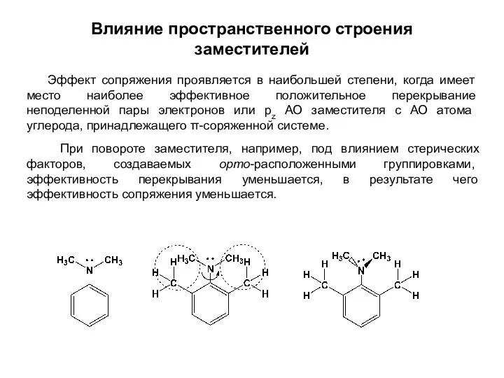 Влияние пространственного строения заместителей Эффект сопряжения проявляется в наибольшей степени, когда