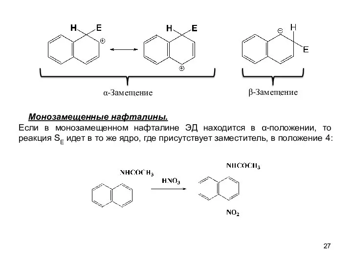 α-Замещение Монозамещенные нафталины. Если в монозамещенном нафталине ЭД находится в α-положении,