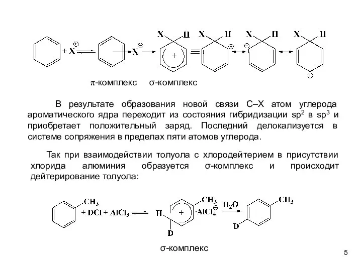 В результате образования новой связи С–Х атом углерода ароматического ядра переходит