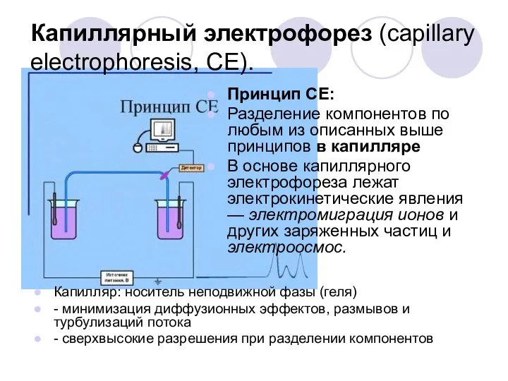 Капиллярный электрофорез (capillary electrophoresis, CE). Принцип СE: Разделение компонентов по любым