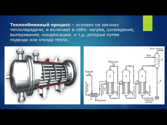 Теплообменный процесс – основан на законах теплопередачи, и включает в себя: