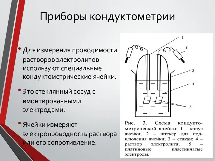 Приборы кондуктометрии Для измерения проводимости растворов электролитов используют специальные кондуктометрические ячейки.