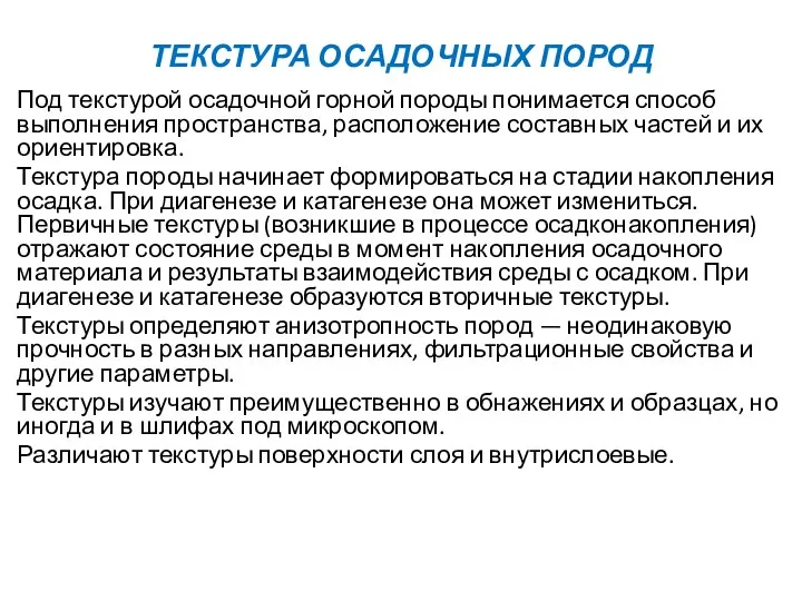 ТЕКСТУРА ОСАДОЧНЫХ ПОРОД Под текстурой осадочной горной породы понимается способ выполнения