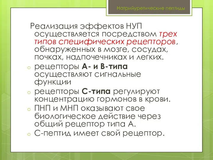 Натрийуретические пептиды Реализация эффектов НУП осуществляется посредством трех типов специфических рецепторов,