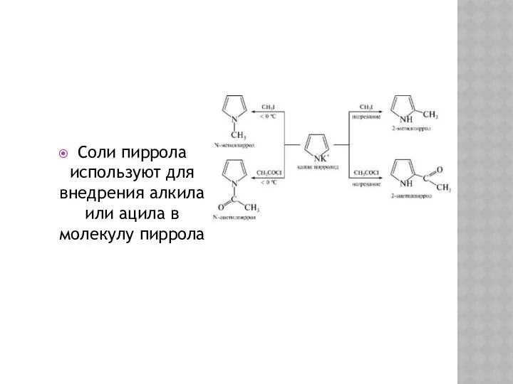 Соли пиррола используют для внедрения алкила или ацила в молекулу пиррола