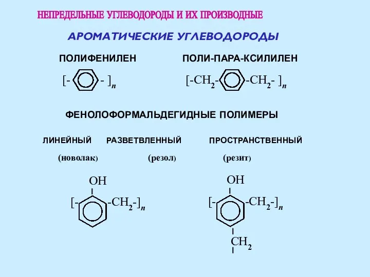 НЕПРЕДЕЛЬНЫЕ УГЛЕВОДОРОДЫ И ИХ ПРОИЗВОДНЫЕ ПОЛИФЕНИЛЕН ПОЛИ-ПАРА-КСИЛИЛЕН ЛИНЕЙНЫЙ РАЗВЕТВЛЕННЫЙ ПРОСТРАНСТВЕННЫЙ ФЕНОЛОФОРМАЛЬДЕГИДНЫЕ