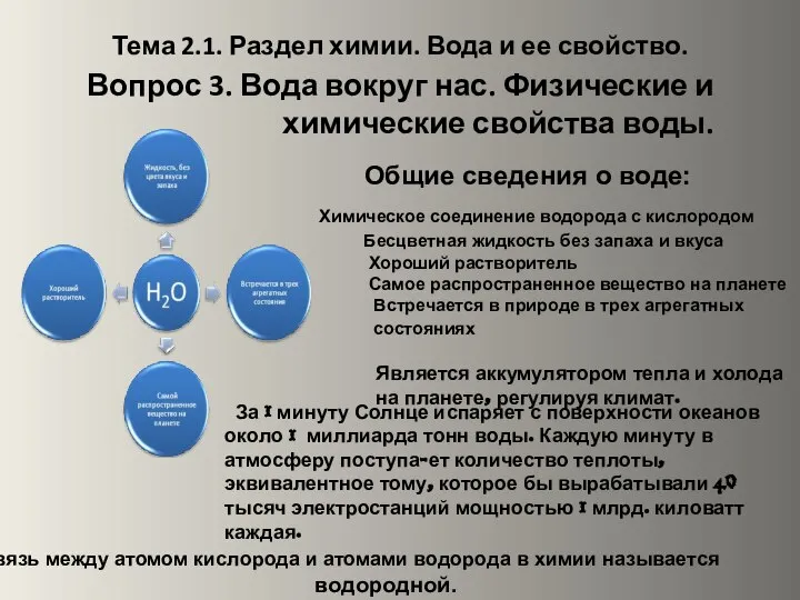 Тема 2.1. Раздел химии. Вода и ее свойство. Вопрос 3. Вода