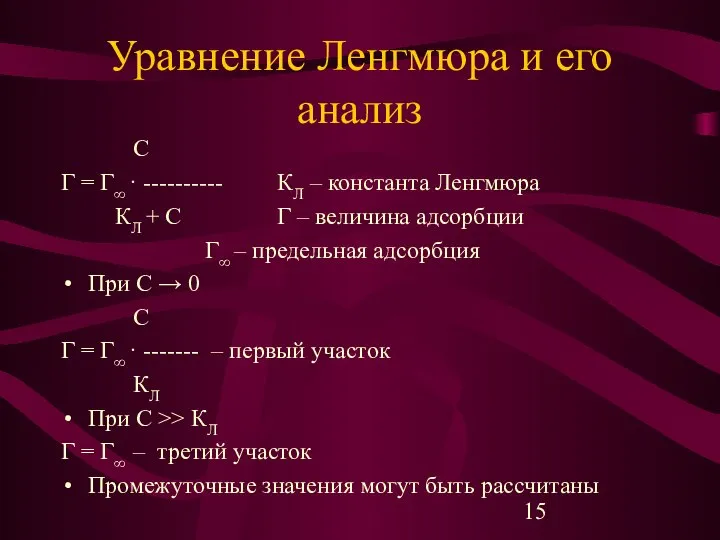 Уравнение Ленгмюра и его анализ С Г = Г∞ · ----------