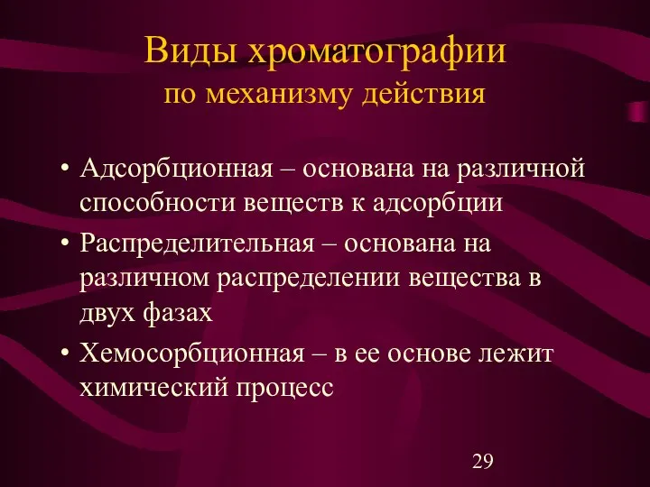 Виды хроматографии по механизму действия Адсорбционная – основана на различной способности