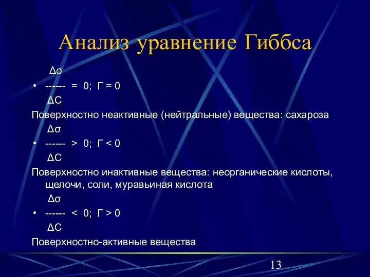 Анализ уравнение Гиббса Δσ ------ = 0; Г = 0 ΔС