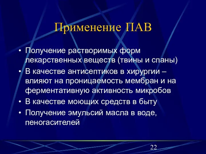 Применение ПАВ Получение растворимых форм лекарственных веществ (твины и спаны) В