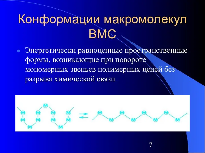 Конформации макромолекул ВМС Энергетически равноценные пространственные формы, возникающие при повороте мономерных