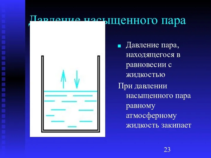 Давление насыщенного пара Давление пара, находящегося в равновесии с жидкостью При