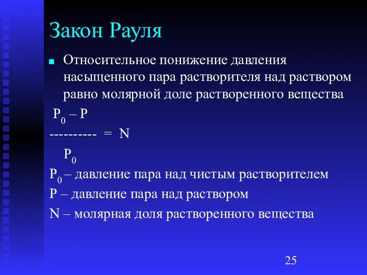 Закон Рауля Относительное понижение давления насыщенного пара растворителя над раствором равно