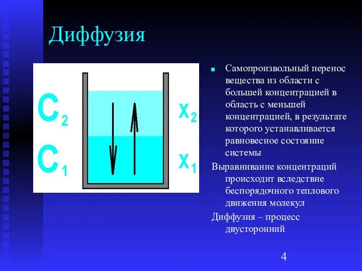 Диффузия Самопроизвольный перенос вещества из области с большей концентрацией в область