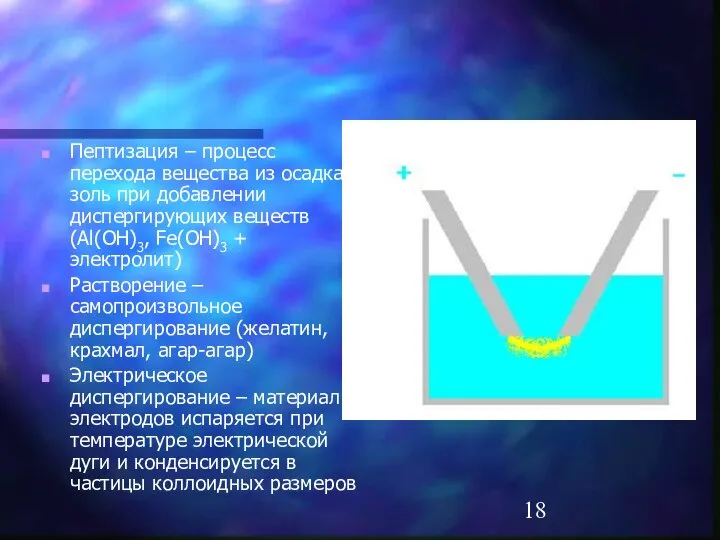 Пептизация – процесс перехода вещества из осадка в золь при добавлении