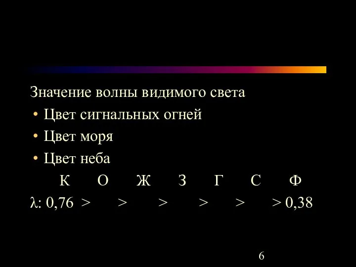 Значение волны видимого света Цвет сигнальных огней Цвет моря Цвет неба