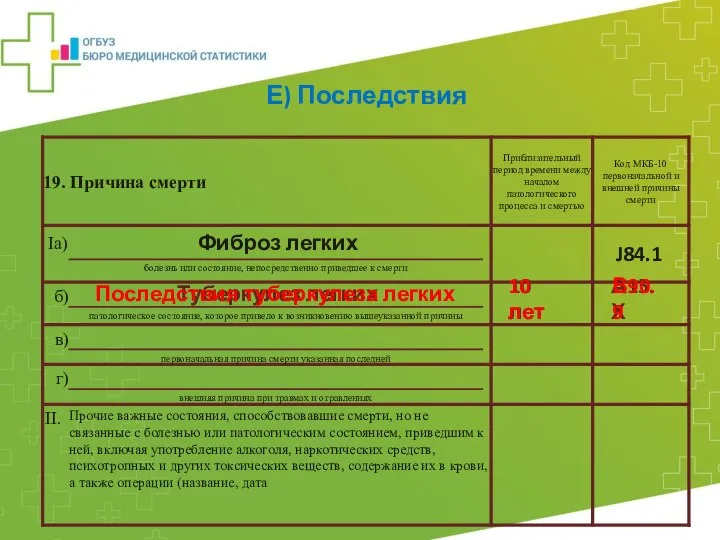 Фиброз легких Туберкулез легких Е) Последствия А15.Х J84.1 10 лет Последствия туберкулеза легких В90.9 10 лет