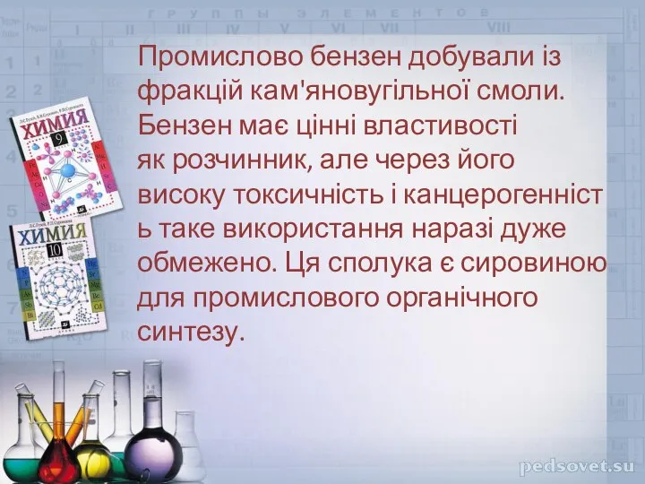 Промислово бензен добували із фракцій кам'яновугільної смоли. Бензен має цінні властивості