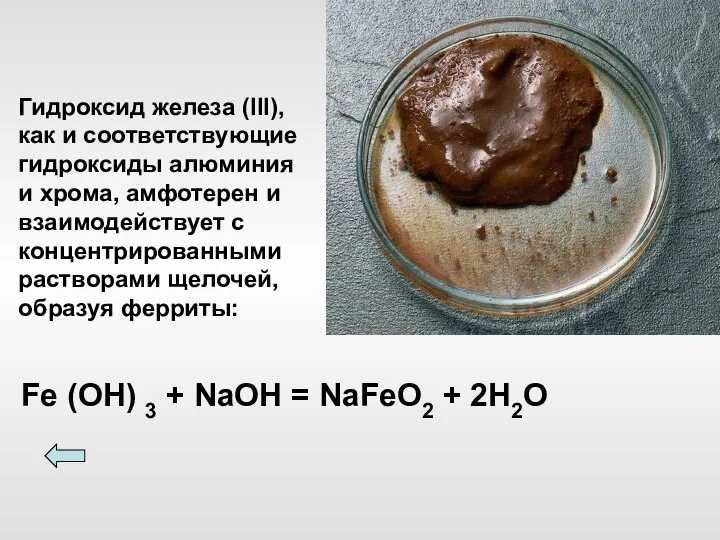 Fe (ОН) 3 + NaOH = NaFeO2 + 2H2O Гидроксид железа