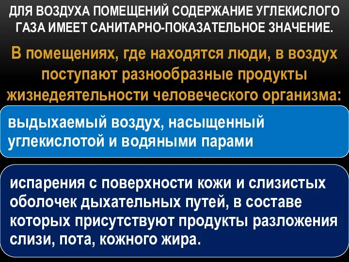 ДЛЯ ВОЗДУХА ПОМЕЩЕНИЙ СОДЕРЖАНИЕ УГЛЕКИСЛОГО ГАЗА ИМЕЕТ САНИТАРНО-ПОКАЗАТЕЛЬНОЕ ЗНАЧЕНИЕ. В помещениях,