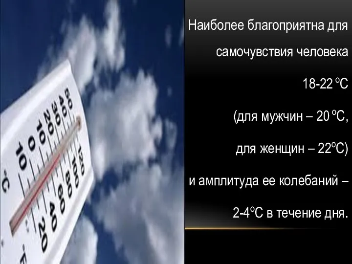 Температура воздуха Наиболее благоприятна для самочувствия человека 18-22 оС (для мужчин