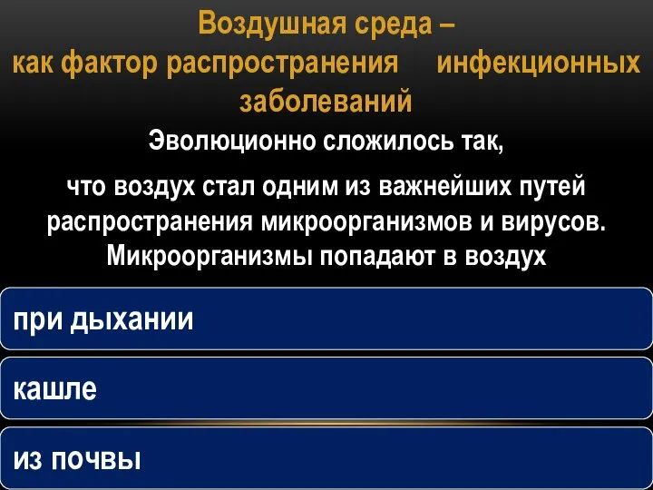 Воздушная среда – как фактор распространения инфекционных заболеваний Эволюционно сложилось так,