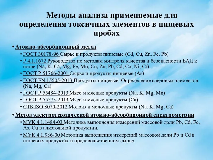 Методы анализа применяемые для определения токсичных элементов в пищевых пробах Атомно-абсорбционный