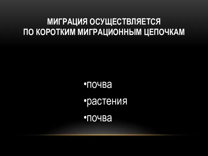 МИГРАЦИЯ ОСУЩЕСТВЛЯЕТСЯ ПО КОРОТКИМ МИГРАЦИОННЫМ ЦЕПОЧКАМ почва растения почва