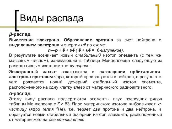 Виды распада β-распад. Выделение электрона. Образование протона за счет нейтрона с