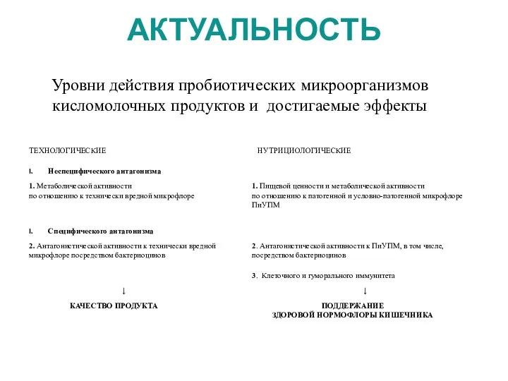 АКТУАЛЬНОСТЬ Уровни действия пробиотических микроорганизмов кисломолочных продуктов и достигаемые эффекты