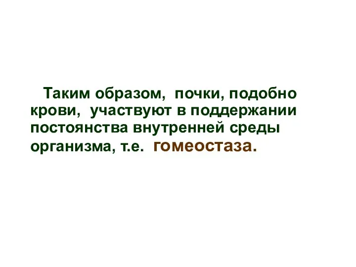 Таким образом, почки, подобно крови, участвуют в поддержании постоянства внутренней среды организма, т.е. гомеостаза.