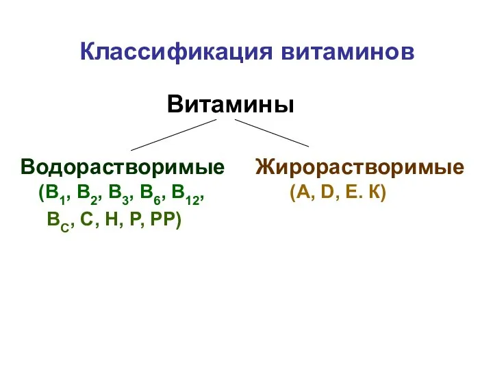 Классификация витаминов Витамины Водорастворимые Жирорастворимые (В1, В2, В3, В6, В12, (А,