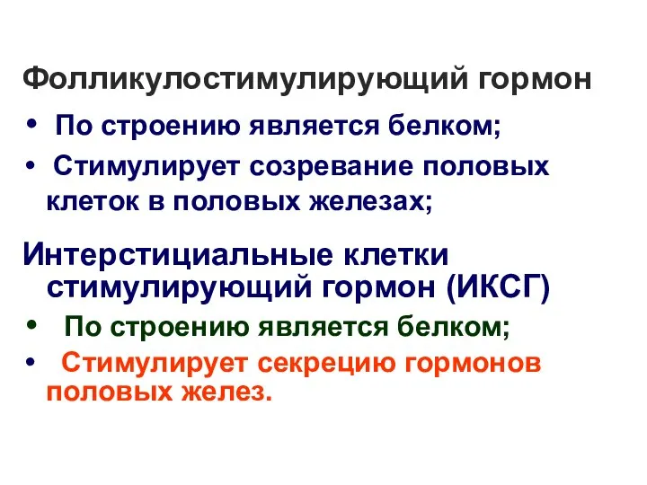 Фолликулостимулирующий гормон По строению является белком; Стимулирует созревание половых клеток в