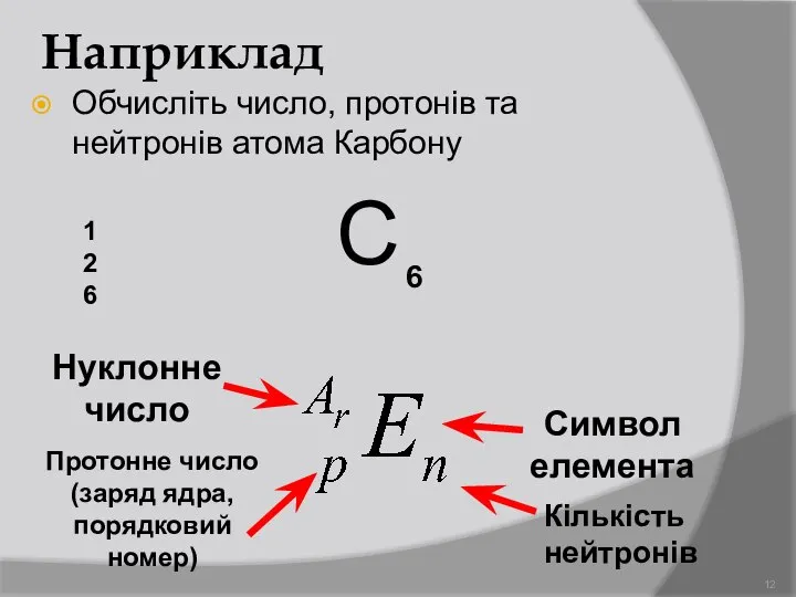 Наприклад Обчисліть число, протонів та нейтронів атома Карбону С 12 6