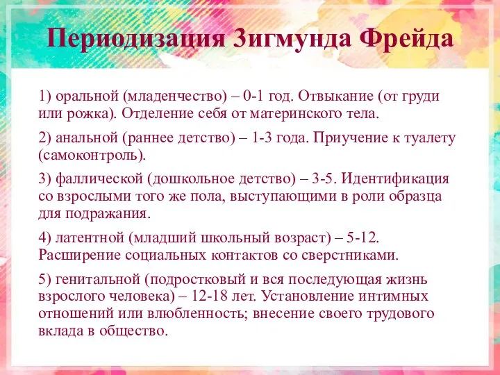 Периодизация 3игмунда Фрейда 1) оральной (младенчество) – 0-1 год. Отвыкание (от