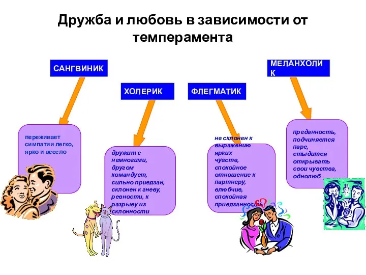 Дружба и любовь в зависимости от темперамента ФЛЕГМАТИК ХОЛЕРИК МЕЛАНХОЛИК САНГВИНИК