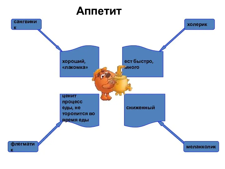 Аппетит сангвиник холерик флегматик меланхолик хороший, «лакомка» ест быстро, много сниженный