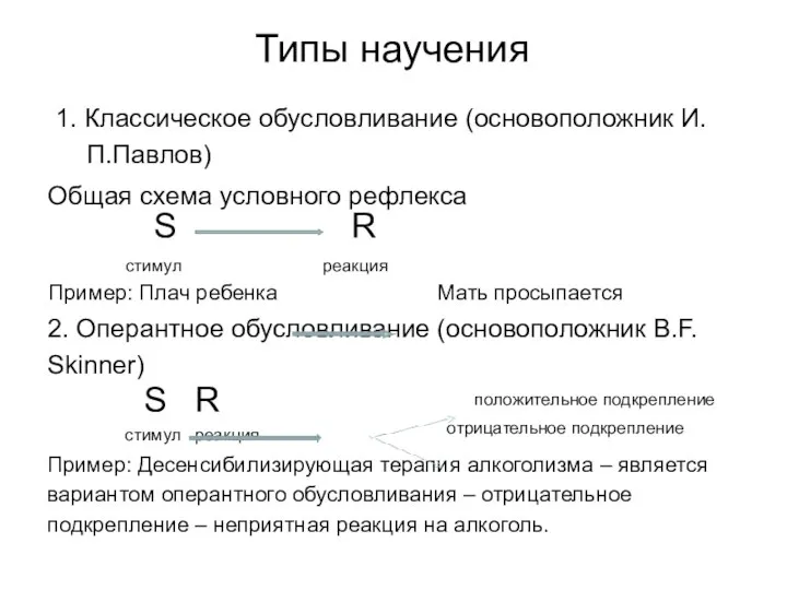 Типы научения 1. Классическое обусловливание (основоположник И. П.Павлов) Общая схема условного