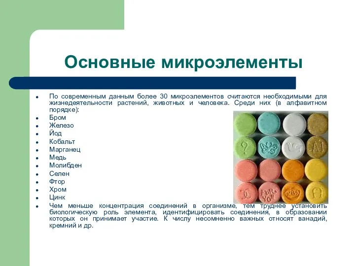 Основные микроэлементы По современным данным более 30 микроэлементов считаются необходимыми для