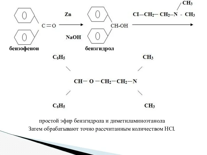 бензофенон бензгидрол простой эфир бензгидрола и диметиламиноэтанола Затем обрабатывают точно рассчитанным количеством HCl.