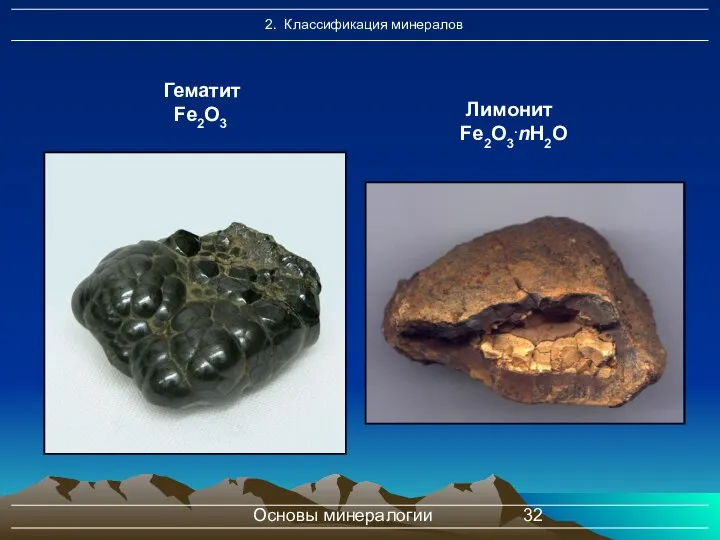 Основы минералогии Гематит Fe2O3 Лимонит Fe2O3.nH2O