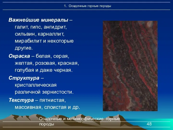 Осадочные и метаморфические горные породы Важнейшие минералы – галит, гипс, ангидрит,